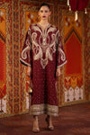 Deep Maroon & Gold Accent: Charmoush Embroidered Silk Kaftan | Ready To Wear