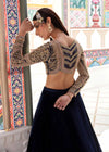 Royal Blue Embellished Organza Choli with Velvet Lehenga